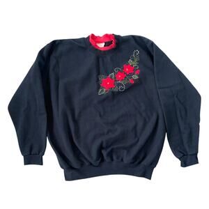 Fall Season Fashion VINTAGE COZY Black Red Flowers Size XL Women's Sweater
